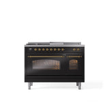ILVE - 48'' Nostalgie II Series Freestanding Dual Fuel Range - Double Oven - Glossy Black - Brass trim - Griddle, Coup de Feu,- Natural Gas - Brass