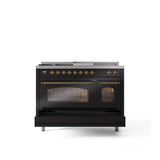 48'' Nostalgie II Series Freestanding Dual Fuel Range - Double Oven - Glossy Black - Bronze trim - Griddle, Coup de Feu,- Natural Gas