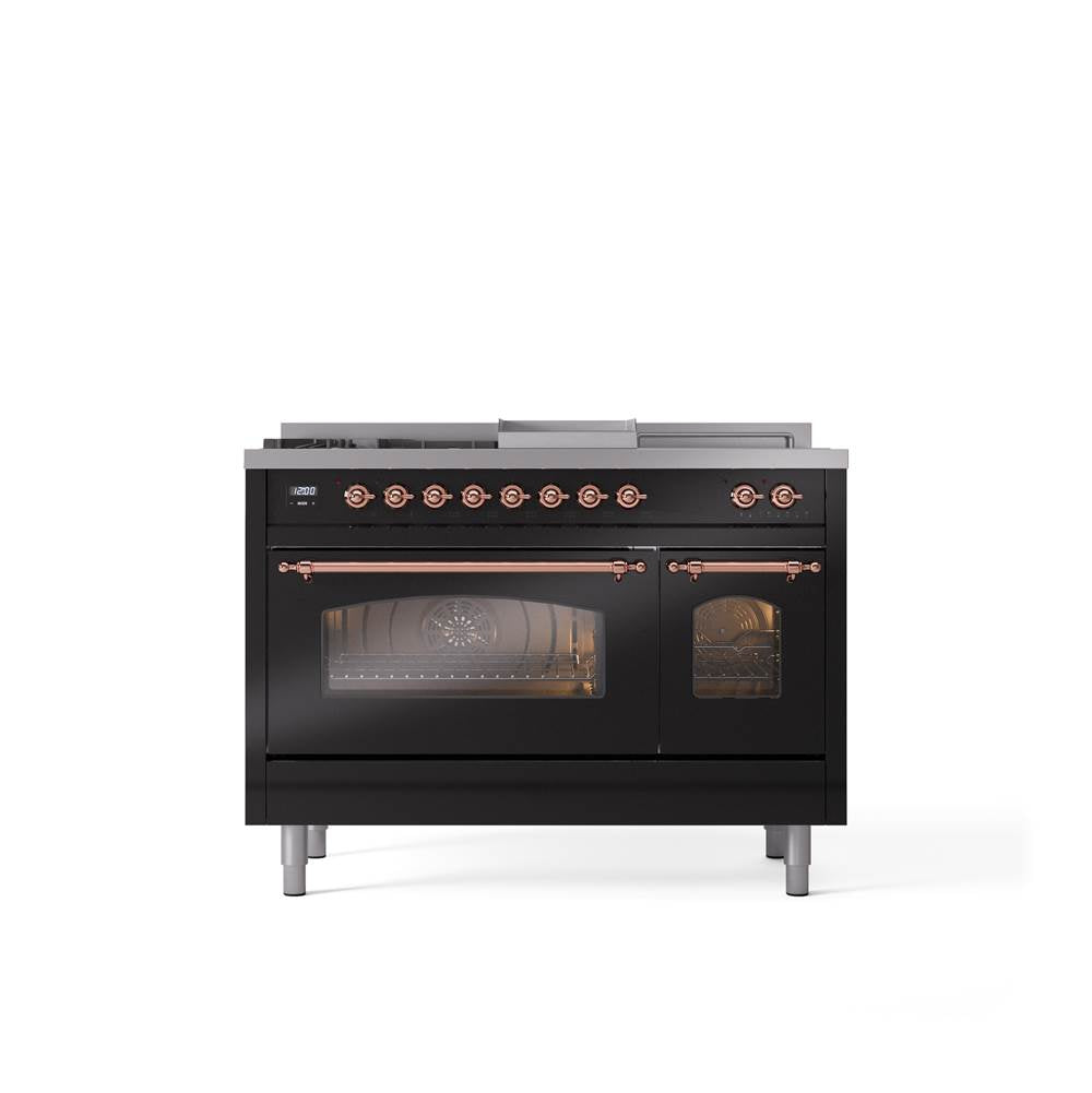 ILVE - 48'' Nostalgie II Series Freestanding Dual Fuel Range - Double Oven - Glossy Black - Copper trim - Griddle, Coup de Feu,- Natural Gas - Copper
