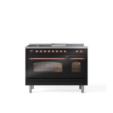 ILVE - 48'' Nostalgie II Series Freestanding Dual Fuel Range - Double Oven - Glossy Black - Copper trim - Griddle, Coup de Feu,- Natural Gas - Copper