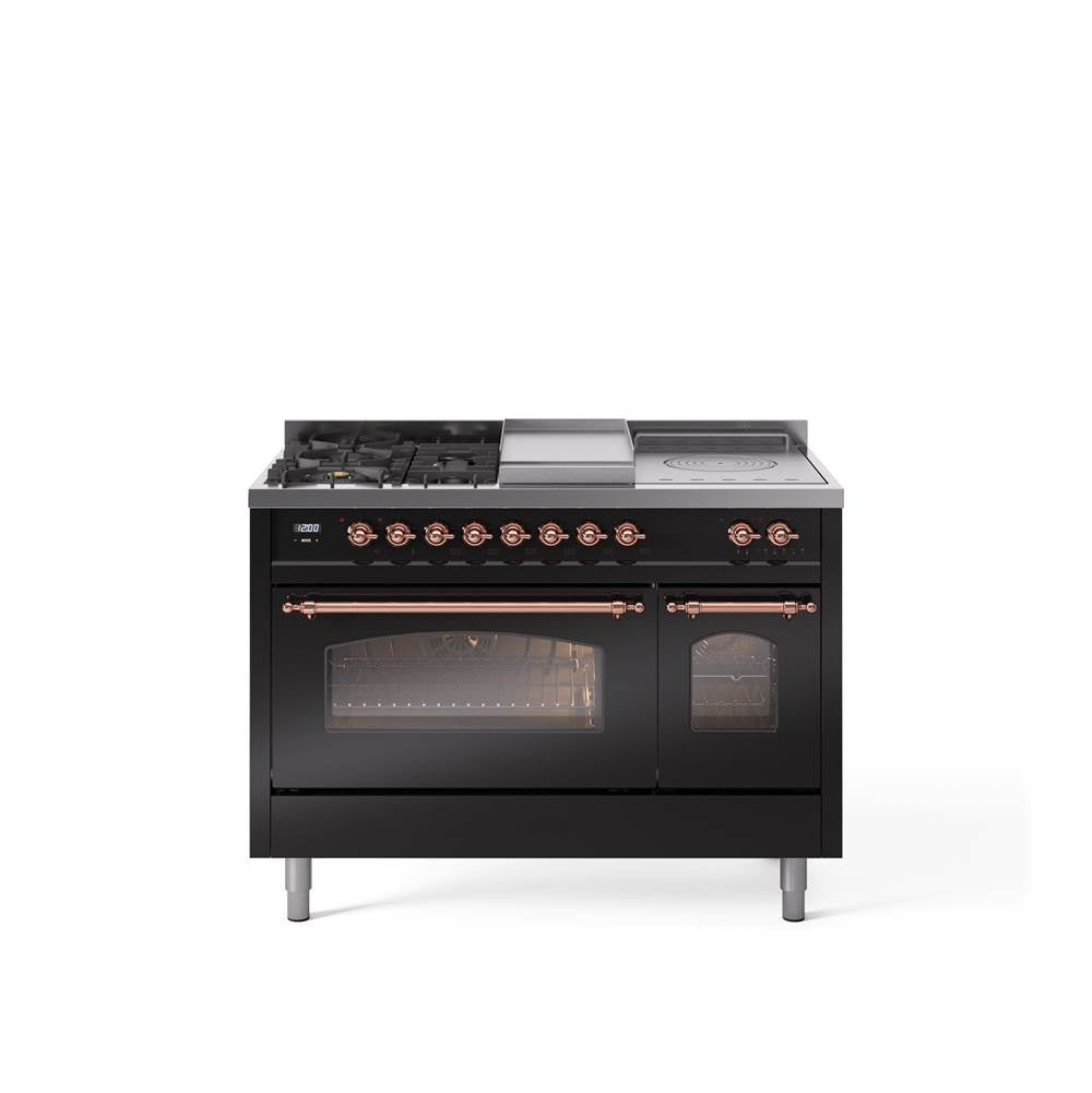 48'' Nostalgie II Series Freestanding Dual Fuel Range - Double Oven - Glossy Black - Bronze trim - Griddle, Coup de Feu,- Natural Gas