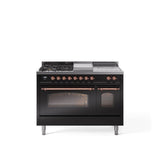 48'' Nostalgie II Series Freestanding Dual Fuel Range - Double Oven - Glossy Black - Bronze trim - Griddle, Coup de Feu,- Natural Gas