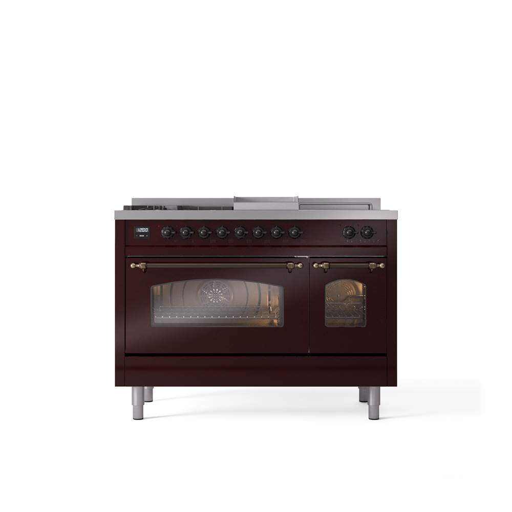 ILVE - 48'' Nostalgie II Series Freestanding Dual Fuel Range - Double Oven - Burgundy - Bronze trim - Griddle, Coup de Feu,- Natural Gas - Bronze