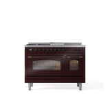 ILVE - 48'' Nostalgie II Series Freestanding Dual Fuel Range - Double Oven - Burgundy - Bronze trim - Griddle, Coup de Feu,- Natural Gas - Bronze