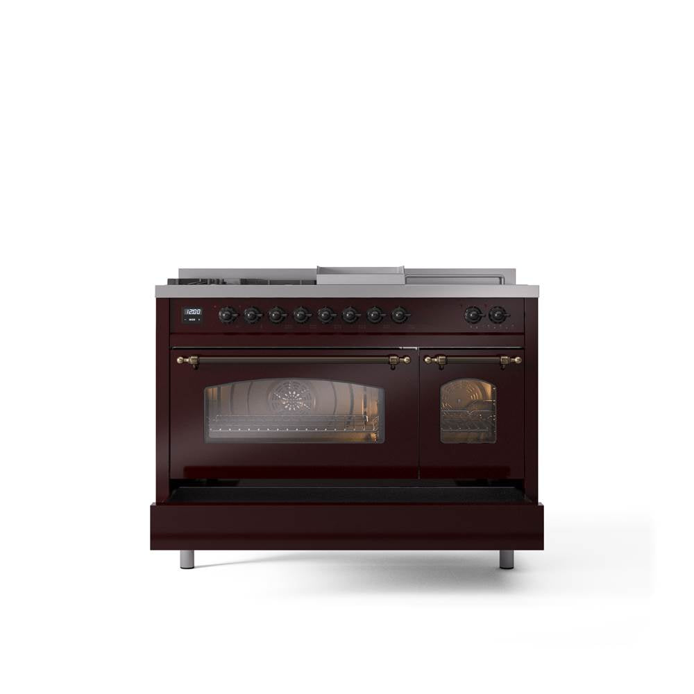 48'' Nostalgie II Series Freestanding Dual Fuel Range - Double Oven - Burgundy - Bronze trim - Griddle, Coup de Feu,- Natural Gas