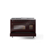 48'' Nostalgie II Series Freestanding Dual Fuel Range - Double Oven - Burgundy - Bronze trim - Griddle, Coup de Feu,- Natural Gas