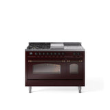 48'' Nostalgie II Series Freestanding Dual Fuel Range - Double Oven - Burgundy - Bronze trim - Griddle, Coup de Feu,- Natural Gas