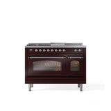 ILVE - 48'' Nostalgie II Series Freestanding Dual Fuel Range - Double Oven - Burgundy - Chrome trim - Griddle, Coup de Feu,- Natural Gas - Chrome