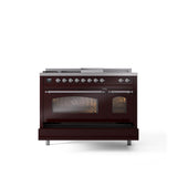 48'' Nostalgie II Series Freestanding Dual Fuel Range - Double Oven - Burgundy - Bronze trim - Griddle, Coup de Feu,- Natural Gas