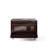 48'' Nostalgie II Series Freestanding Dual Fuel Range - Double Oven - Burgundy - Bronze trim - Griddle, Coup de Feu,- Natural Gas