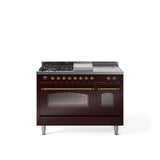 48'' Nostalgie II Series Freestanding Dual Fuel Range - Double Oven - Burgundy - Bronze trim - Griddle, Coup de Feu,- Natural Gas