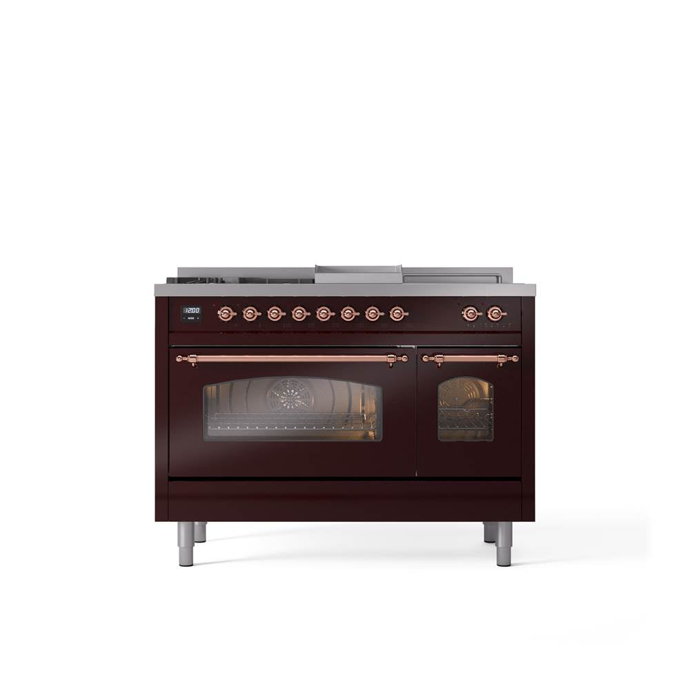 ILVE - 48'' Nostalgie II Series Freestanding Dual Fuel Range - Double Oven - Burgundy - Copper trim - Griddle, Coup de Feu,- Natural Gas - Copper