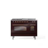 ILVE - 48'' Nostalgie II Series Freestanding Dual Fuel Range - Double Oven - Burgundy - Copper trim - Griddle, Coup de Feu,- Natural Gas - Copper