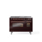 ILVE - 48'' Nostalgie II Series Freestanding Dual Fuel Range - Double Oven - Burgundy - Copper trim - Griddle, Coup de Feu,- Natural Gas - Copper