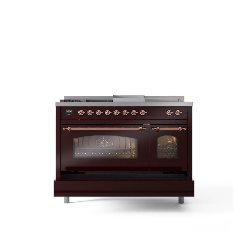 48'' Nostalgie II Series Freestanding Dual Fuel Range - Double Oven - Burgundy - Copper trim - Griddle, Coup de Feu,- Natural Gas