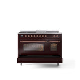 48'' Nostalgie II Series Freestanding Dual Fuel Range - Double Oven - Burgundy - Copper trim - Griddle, Coup de Feu,- Natural Gas