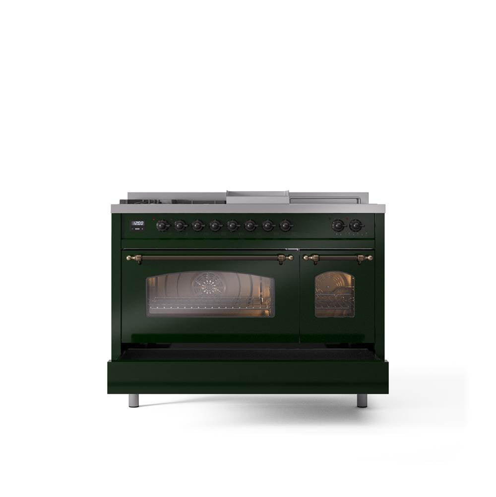 48'' Nostalgie II Series Freestanding Dual Fuel Range - Double Oven - Emerald Green - Bronze trim - Griddle, Coup de Feu,- Natural Gas