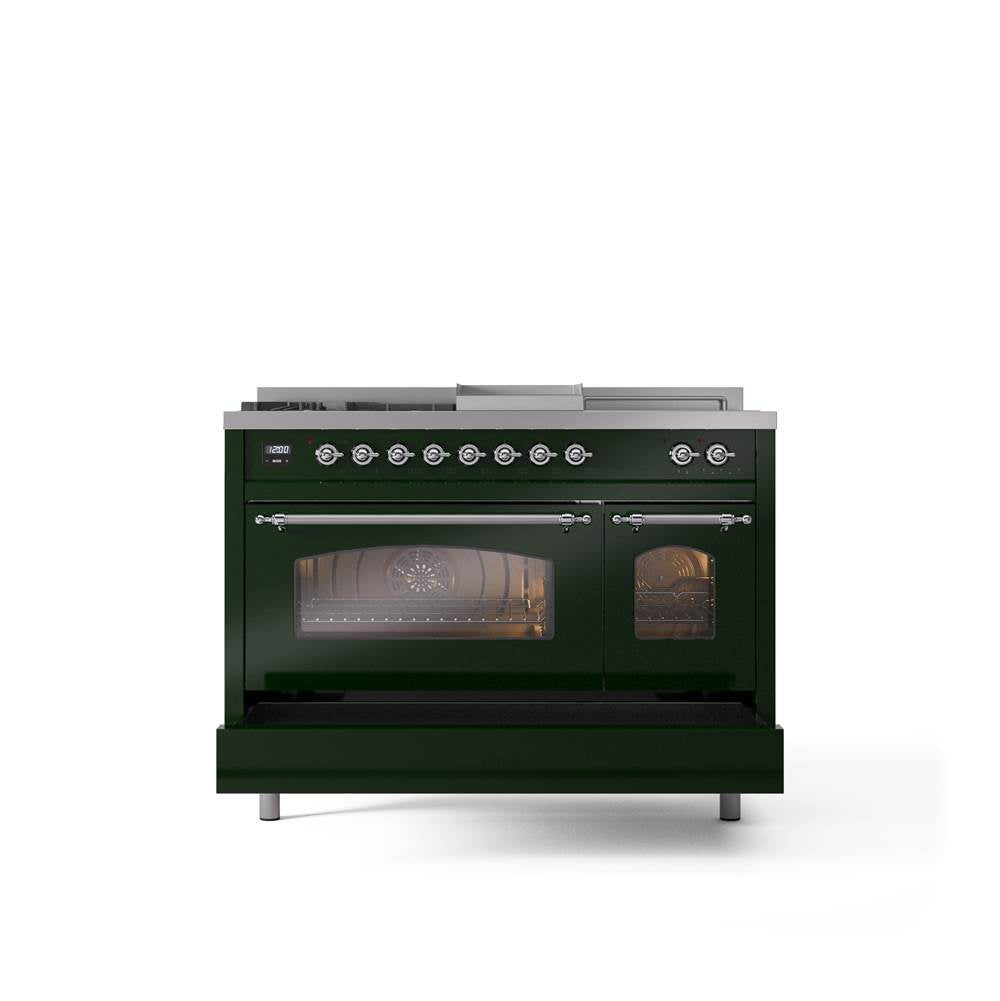 48'' Nostalgie II Series Freestanding Dual Fuel Range - Double Oven - Emerald Green - Bronze trim - Griddle, Coup de Feu,- Natural Gas