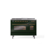 ILVE - 48'' Nostalgie II Series Freestanding Dual Fuel Range - Double Oven - Emerald Green - Brass trim - Griddle, Coup de Feu,- Natural Gas - Brass