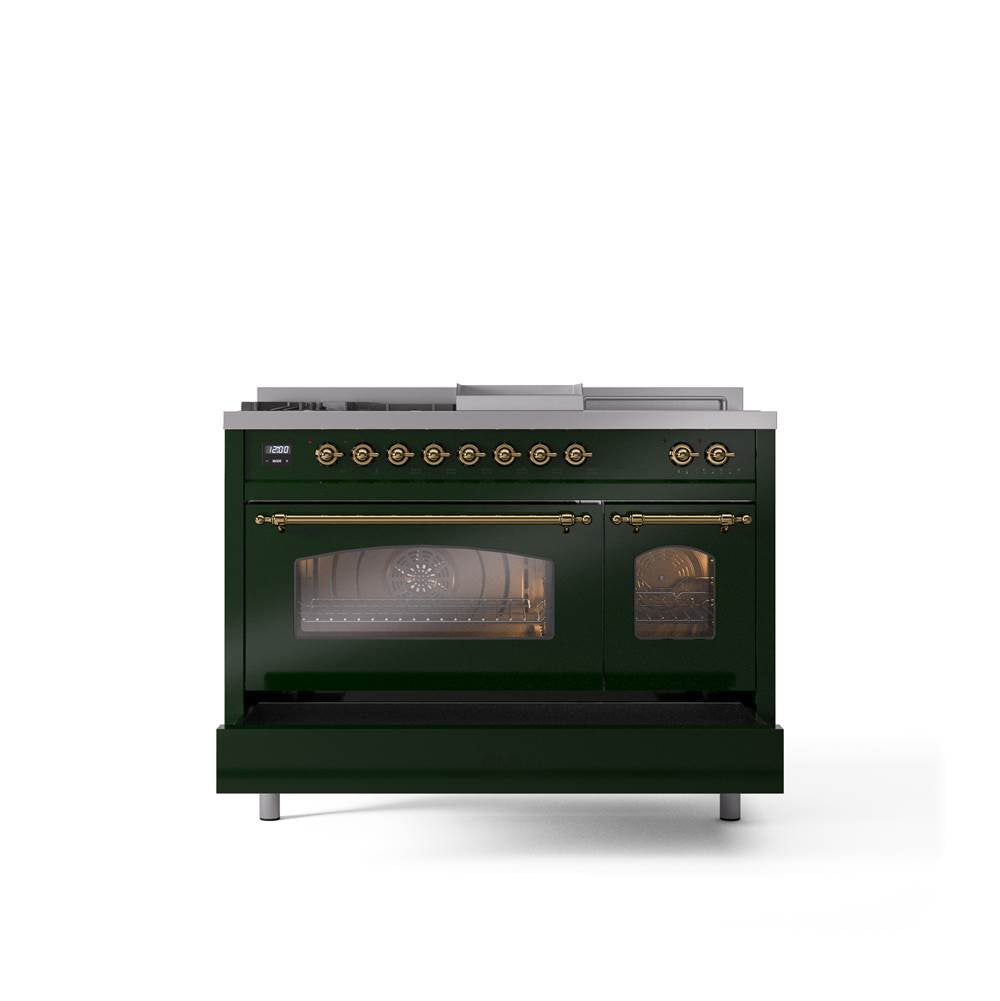 48'' Nostalgie II Series Freestanding Dual Fuel Range - Double Oven - Emerald Green - Bronze trim - Griddle, Coup de Feu,- Natural Gas