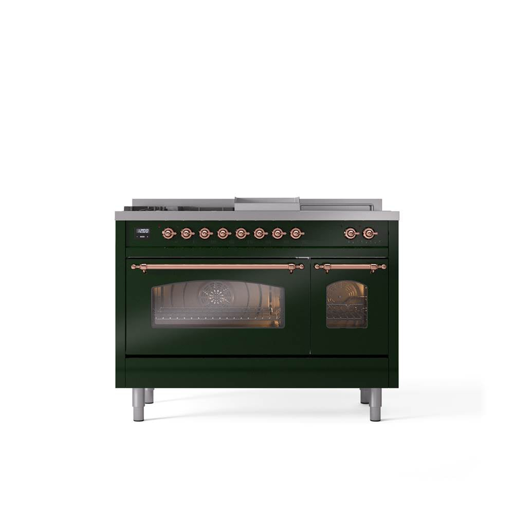 ILVE - 48'' Nostalgie II Series Freestanding Dual Fuel Range - Double Oven - Emerald Green - Copper trim - Griddle, Coup de Feu,- Natural Gas - Copper