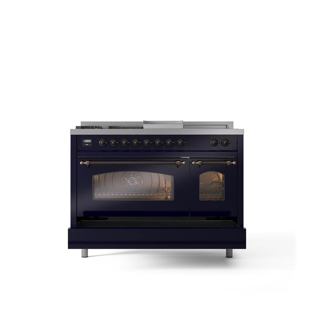 48'' Nostalgie II Series Freestanding Dual Fuel Range - Double Oven - Midnight Blue - Bronze trim - Griddle, Coup de Feu,- Natural Gas