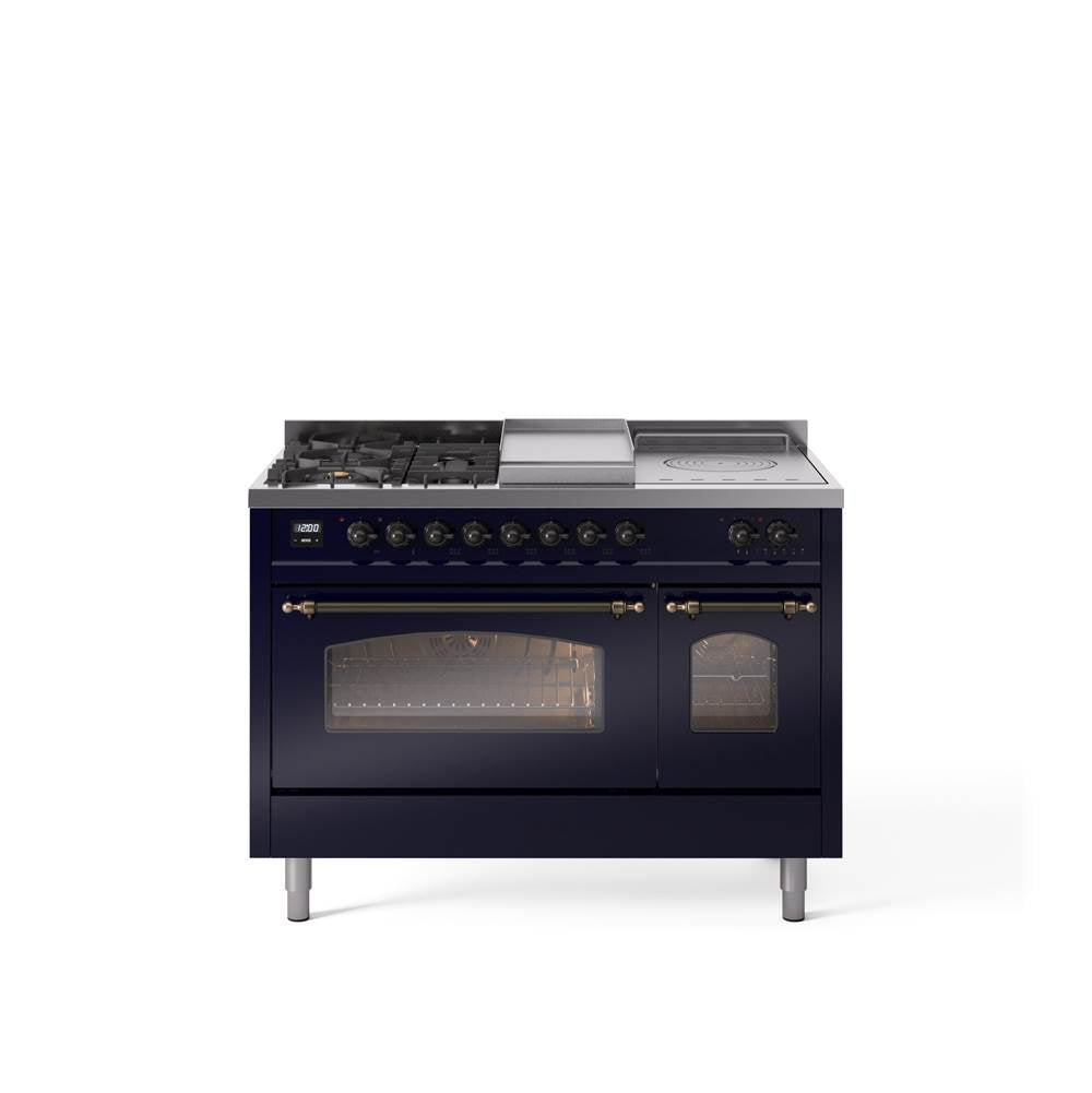 48'' Nostalgie II Series Freestanding Dual Fuel Range - Double Oven - Midnight Blue - Bronze trim - Griddle, Coup de Feu,- Natural Gas