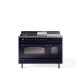 48'' Nostalgie II Series Freestanding Dual Fuel Range - Double Oven - Midnight Blue - Bronze trim - Griddle, Coup de Feu,- Natural Gas
