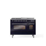 ILVE - 48'' Nostalgie II Series Freestanding Dual Fuel Range - Double Oven - Midnight Blue - Chrome trim - Griddle, Coup de Feu,- Natural Gas - Chrome