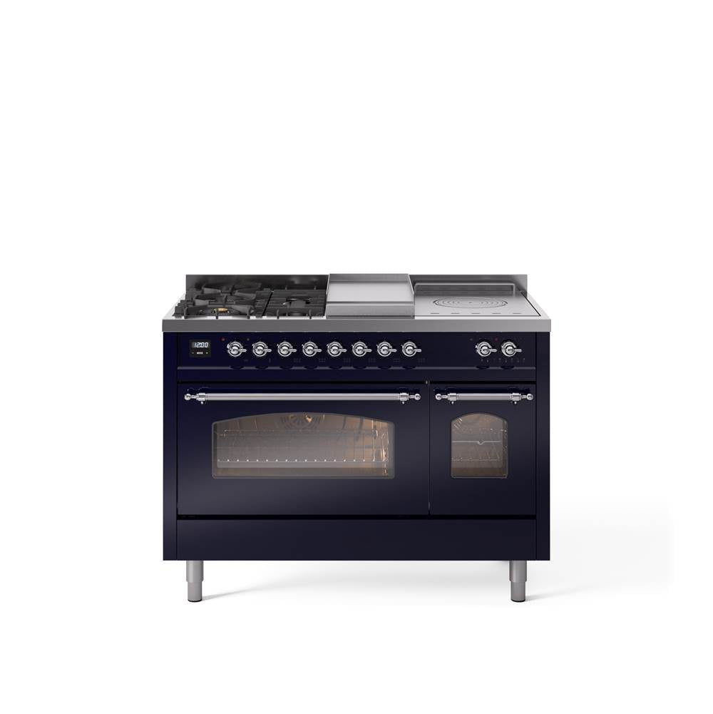 48'' Nostalgie II Series Freestanding Dual Fuel Range - Double Oven - Midnight Blue - Bronze trim - Griddle, Coup de Feu,- Natural Gas
