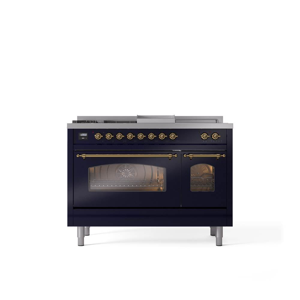 ILVE - 48'' Nostalgie II Series Freestanding Dual Fuel Range - Double Oven - Blue Grey - Brass trim - Griddle, Coup de Feu,- Natural Gas - Brass