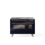 ILVE - 48'' Nostalgie II Series Freestanding Dual Fuel Range - Double Oven - Blue Grey - Brass trim - Griddle, Coup de Feu,- Natural Gas - Brass
