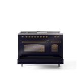 48'' Nostalgie II Series Freestanding Dual Fuel Range - Double Oven - Midnight Blue - Bronze trim - Griddle, Coup de Feu,- Natural Gas