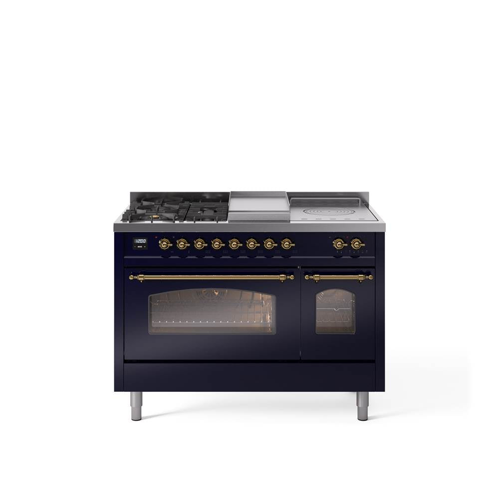 48'' Nostalgie II Series Freestanding Dual Fuel Range - Double Oven - Midnight Blue - Bronze trim - Griddle, Coup de Feu,- Natural Gas