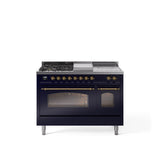 48'' Nostalgie II Series Freestanding Dual Fuel Range - Double Oven - Midnight Blue - Bronze trim - Griddle, Coup de Feu,- Natural Gas