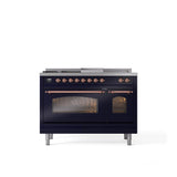 ILVE - 48'' Nostalgie II Series Freestanding Dual Fuel Range - Double Oven - Midnight Blue - Copper trim - Griddle, Coup de Feu,- Natural Gas - Copper
