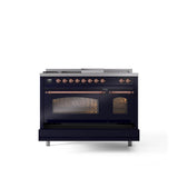 48'' Nostalgie II Series Freestanding Dual Fuel Range - Double Oven - Midnight Blue - Bronze trim - Griddle, Coup de Feu,- Natural Gas