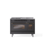 ILVE - 48'' Nostalgie II Series Freestanding Dual Fuel Range - Double Oven - Matte Graphite - Bronze trim - Griddle, Coup de Feu,- Natural Gas - Bronze