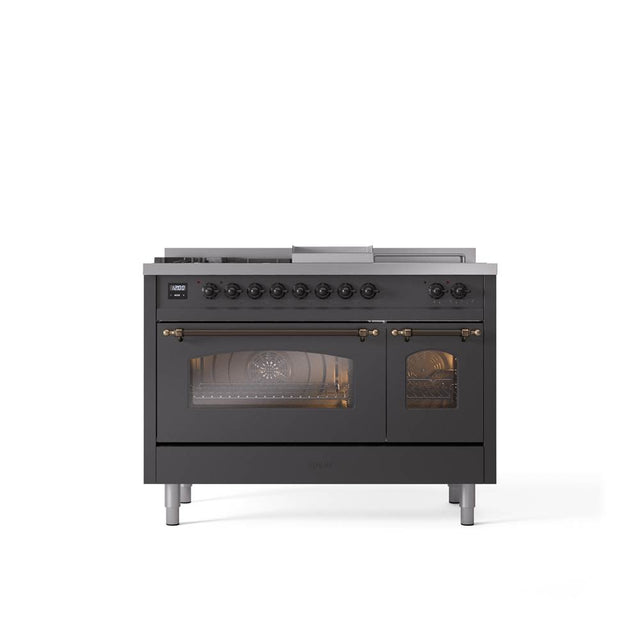 ILVE - 48'' Nostalgie II Series Freestanding Dual Fuel Range - Double Oven - Matte Graphite - Bronze trim - Griddle, Coup de Feu,- Natural Gas - Bronze