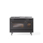 ILVE - 48'' Nostalgie II Series Freestanding Dual Fuel Range - Double Oven - Matte Graphite - Bronze trim - Griddle, Coup de Feu,- Natural Gas - Bronze