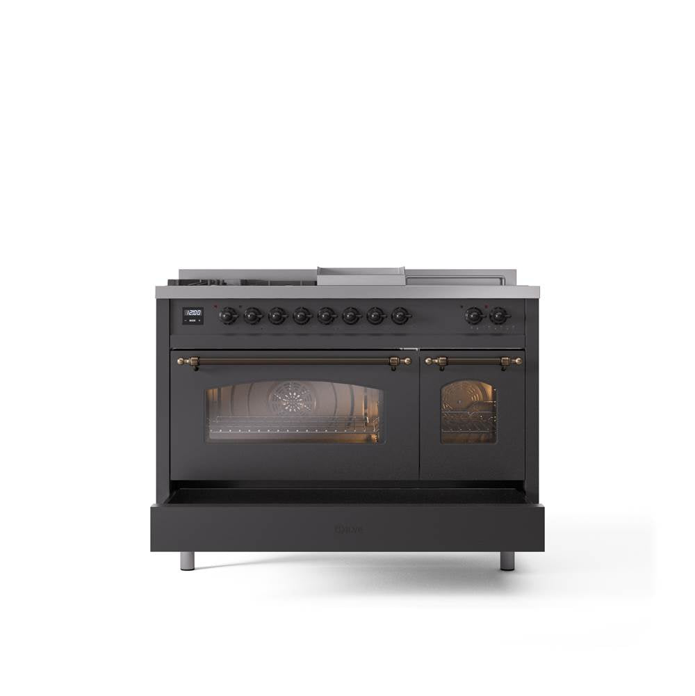 48'' Nostalgie II Series Freestanding Dual Fuel Range - Double Oven - Matte Graphite - Bronze trim - Griddle, Coup de Feu,- Natural Gas