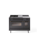 48'' Nostalgie II Series Freestanding Dual Fuel Range - Double Oven - Matte Graphite - Bronze trim - Griddle, Coup de Feu,- Natural Gas