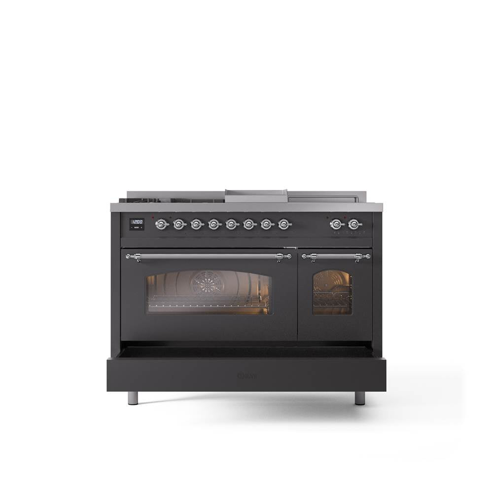 48'' Nostalgie II Series Freestanding Dual Fuel Range - Double Oven - Matte Graphite - Bronze trim - Griddle, Coup de Feu,- Natural Gas