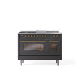 ILVE - 48'' Nostalgie II Series Freestanding Dual Fuel Range - Double Oven - Matte Graphite - Brass trim - Griddle, Coup de Feu,- Natural Gas - Brass