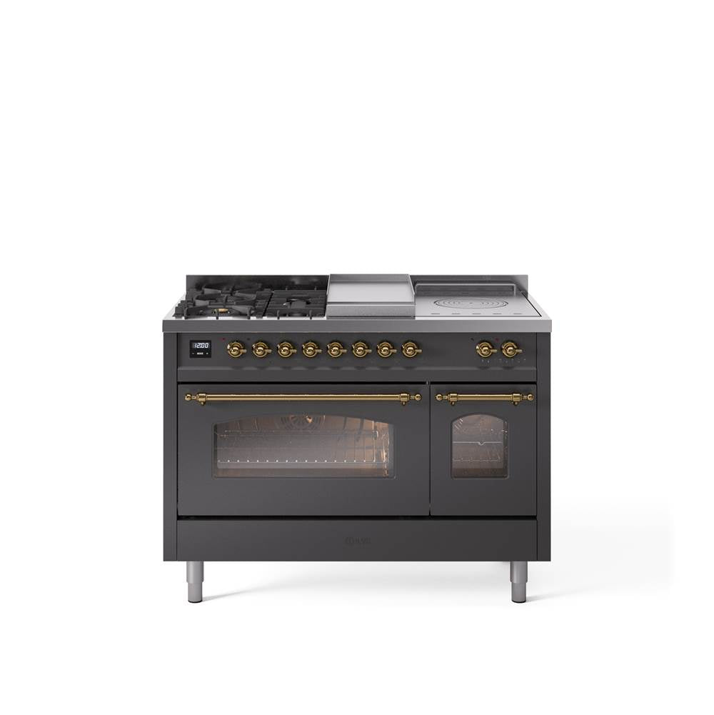 48'' Nostalgie II Series Freestanding Dual Fuel Range - Double Oven - Matte Graphite - Bronze trim - Griddle, Coup de Feu,- Natural Gas
