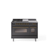 48'' Nostalgie II Series Freestanding Dual Fuel Range - Double Oven - Matte Graphite - Bronze trim - Griddle, Coup de Feu,- Natural Gas