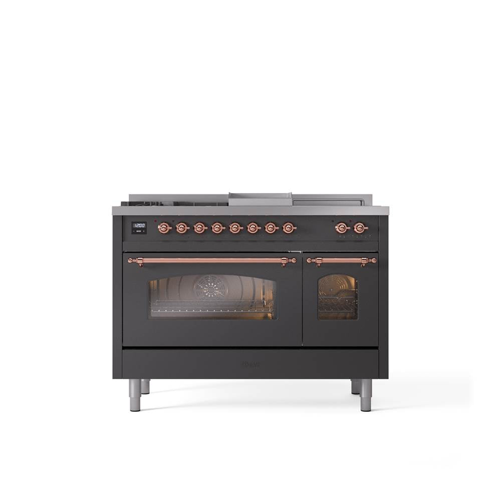 ILVE - 48'' Nostalgie II Series Freestanding Dual Fuel Range - Double Oven - Matte Graphite - Copper trim - Griddle, Coup de Feu,- Natural Gas - Copper