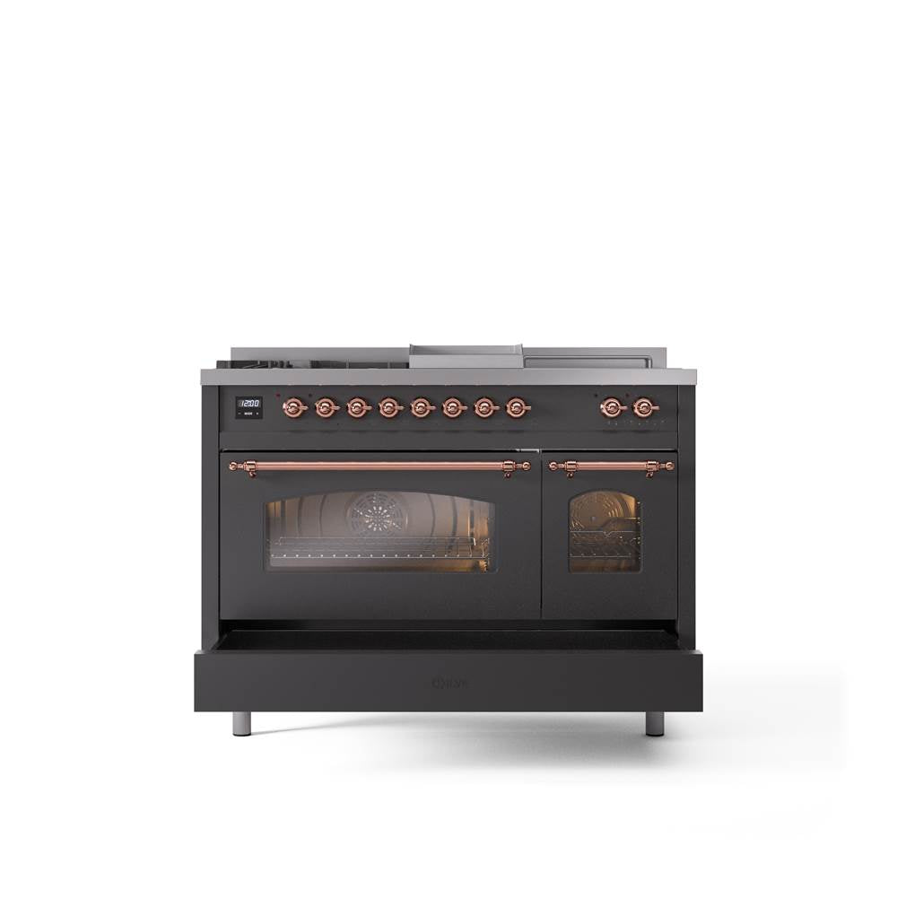 48'' Nostalgie II Series Freestanding Dual Fuel Range - Double Oven - Matte Graphite - Bronze trim - Griddle, Coup de Feu,- Natural Gas
