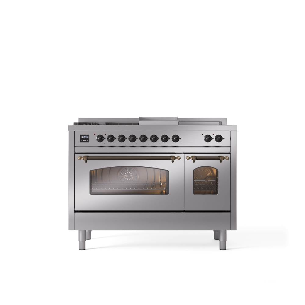 ILVE - 48'' Nostalgie II Series Freestanding Dual Fuel Range - Double Oven - Stainless Steel - Bronze trim - Griddle, Coup de Feu,- Natural Gas - Bronze