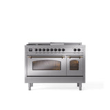ILVE - 48'' Nostalgie II Series Freestanding Dual Fuel Range - Double Oven - Stainless Steel - Bronze trim - Griddle, Coup de Feu,- Natural Gas - Bronze